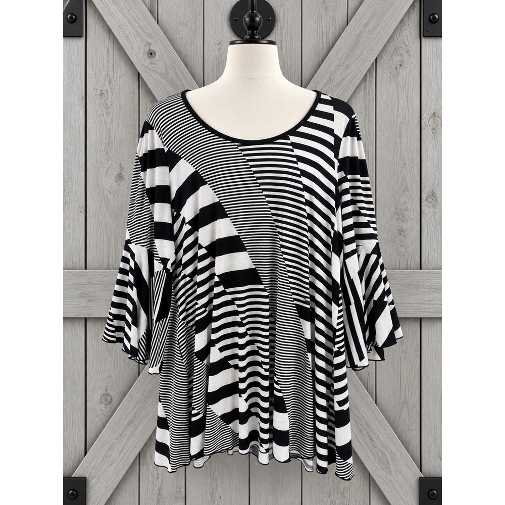 IC By Connie K Swing Hem Tunic Top XL Black White Bell Sleeve Back Zip USA